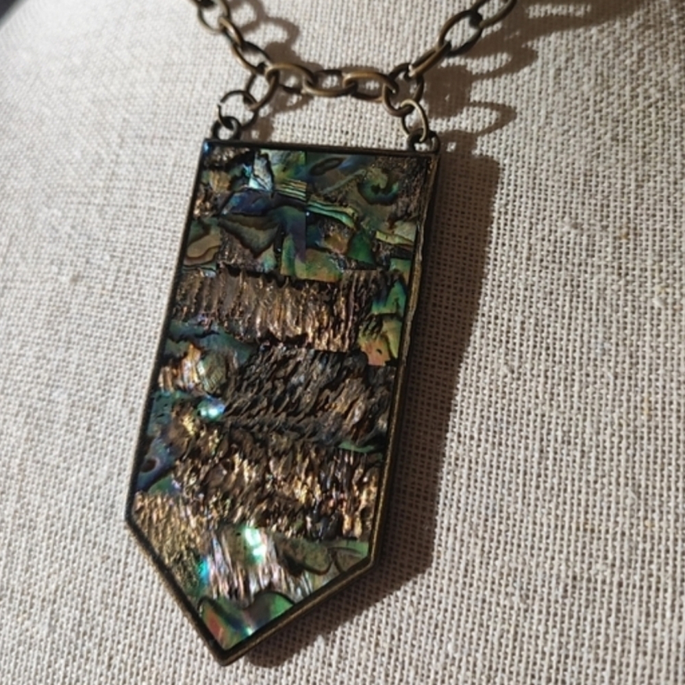 Mosaic Tiled Sheet of Abalone Brass Tone Matte Hardware and Chain Necklace